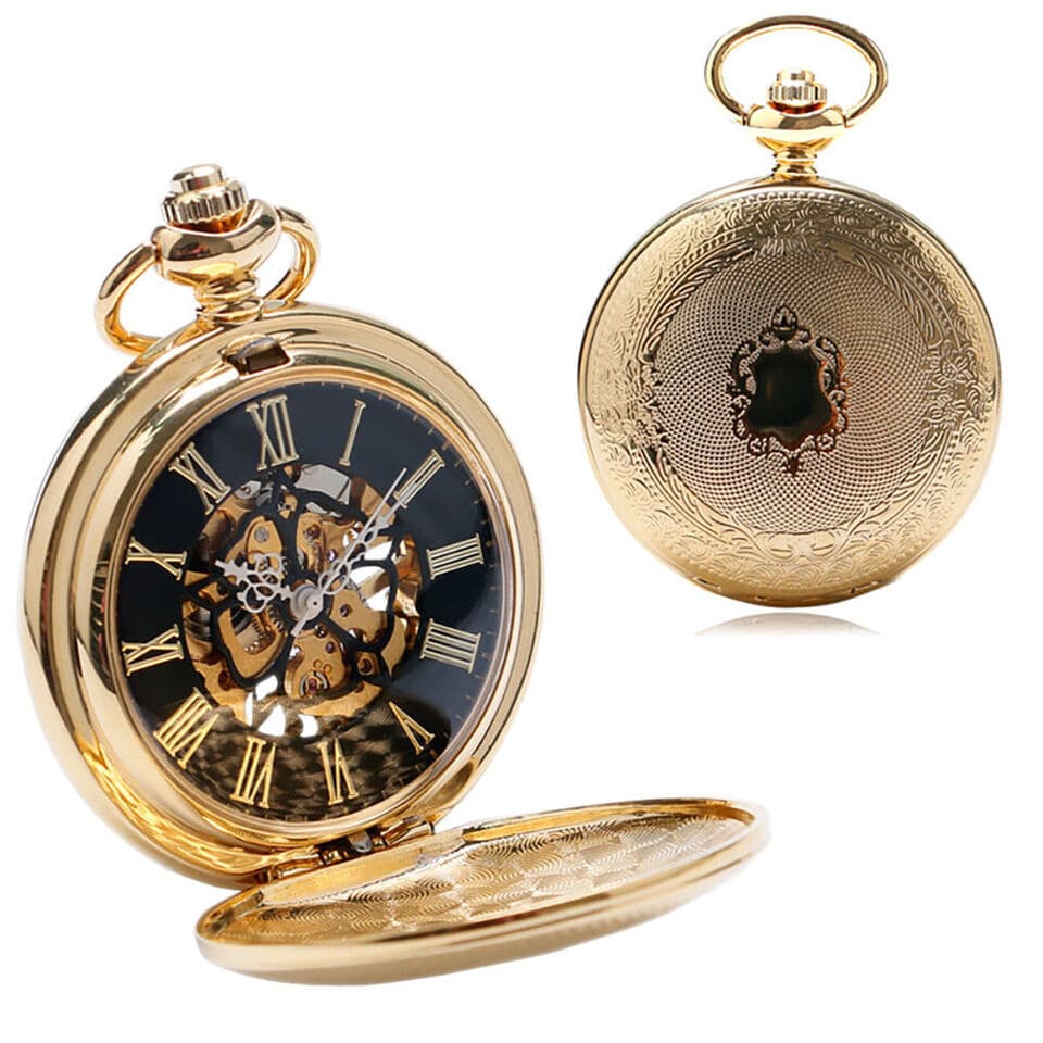Montre de poche mécanique noire Gear Gun, style rétro, avec couvercle rabattable, squelette, pour homme et femme, style vintage, classique