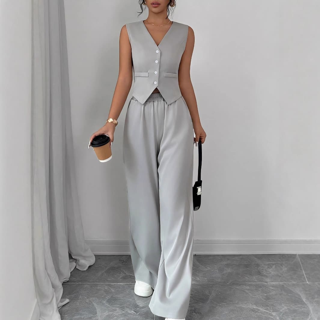 Elegant Button-Down Sleeveless Vest & Pants Set - Breathable Polyester Summer Outfit For Women, Office & Vacation Wear (Grey/Black, S-XL)