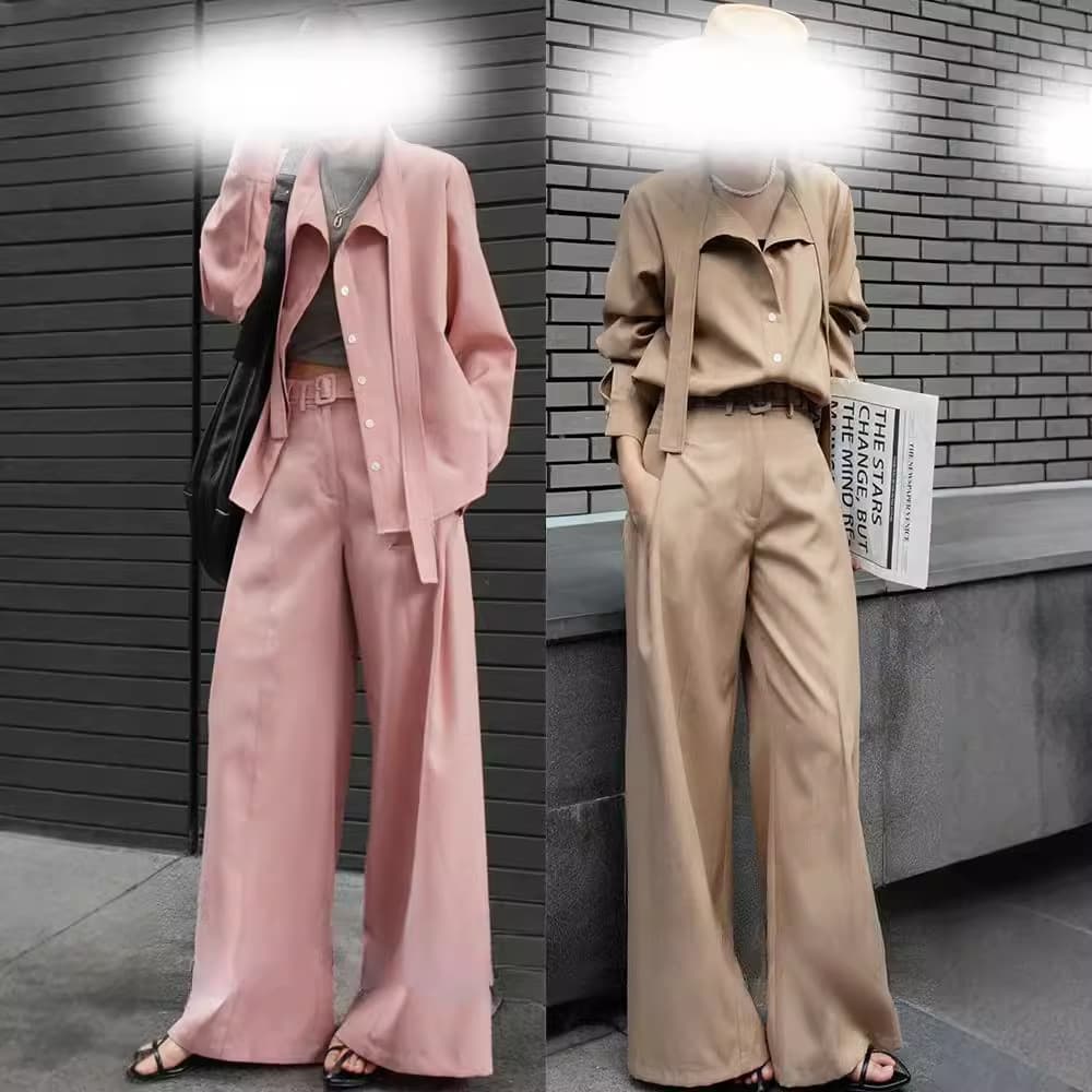 Women’s Clothing Spring New Style Suit Loose Design Streamer Long Sleeve Shirt Short Long Leg Secret Wide Leg Pants Suit