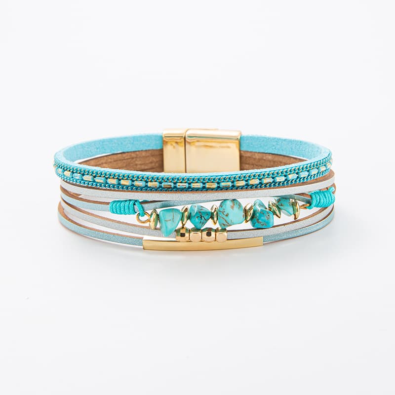 Women's Magnetic Closure Bracelet - Natural Stone & Leather Multi-Layer Design (Perfect For Summer Beach Vacation & Boho Style Accessories)