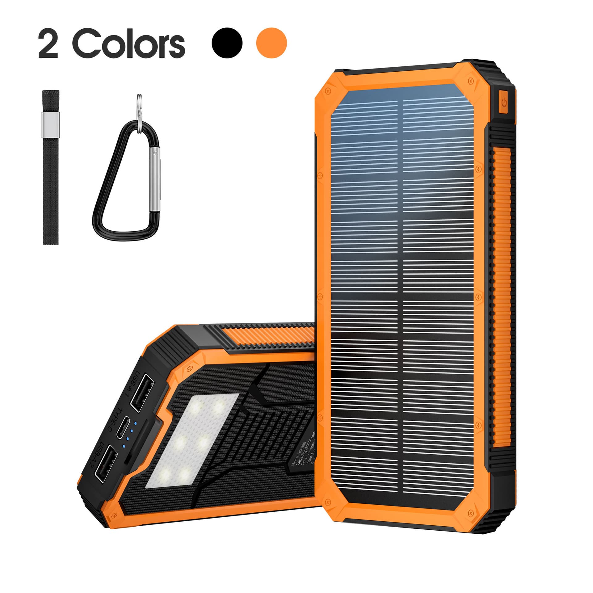 20000mAh Solar Power Bank With 10W Fast Charging, Portable Outdoor Camping Battery Pack For Hiking, Travel, Emergency (Black/Black-Orange)