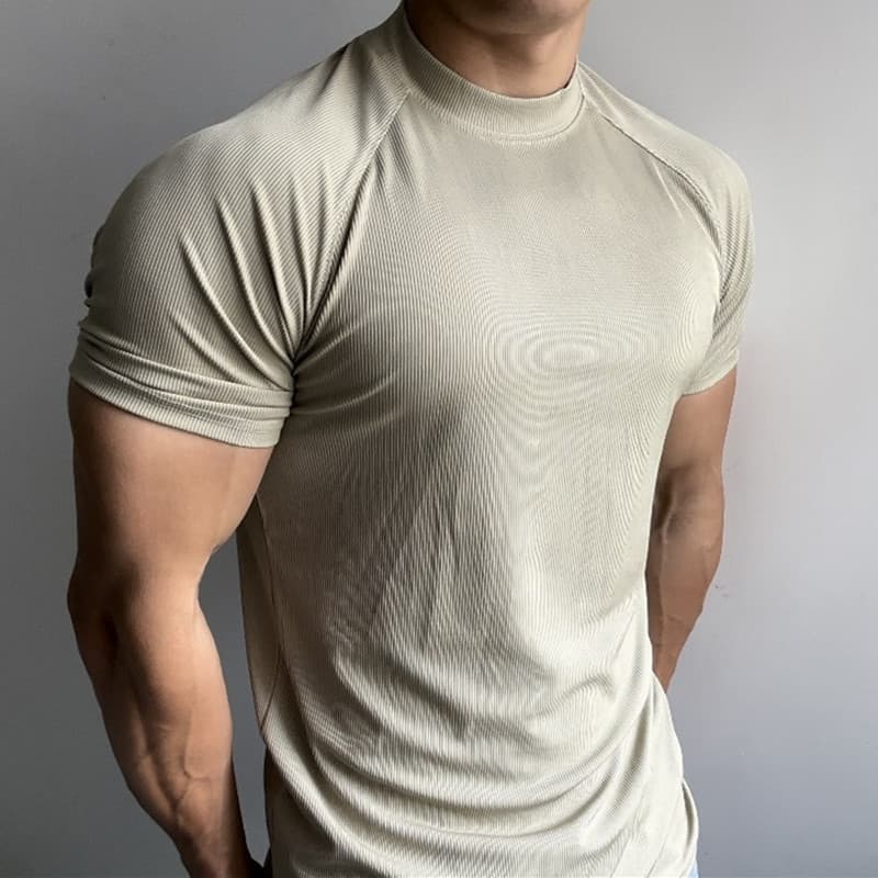 Men's Clothing Summer Sports Outdoor Training Short Sleeved Slim Elastic Quick Drying Raglan Sleeves Small Collar Solid Color Breathable Tide T Shirt