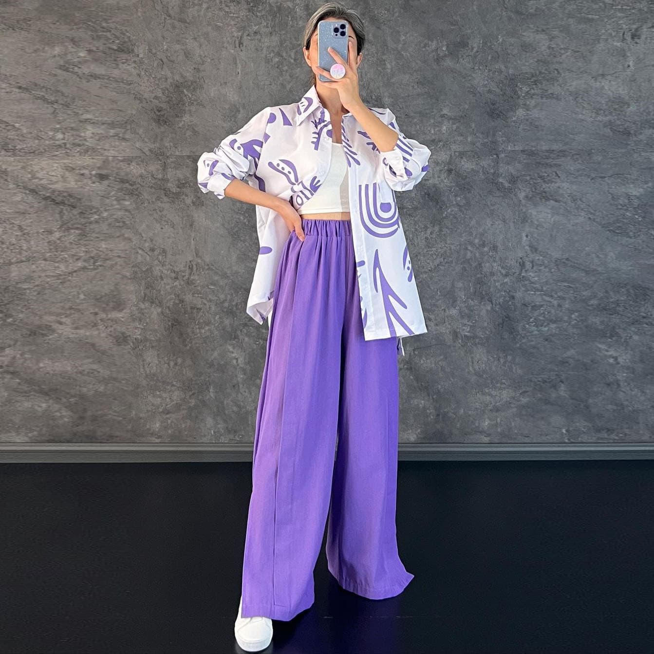 Women's Clothing New Casual Long Sleeved Printed Shirt High Waist Slit Wide Leg Pants Suit