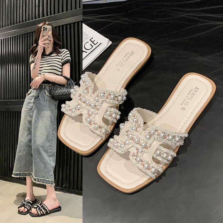 Women's Shoes Pearl Sandals For Women To Wear Outside New Summer Flat Flip Flops Fairy Style Large Size Beach Sandals