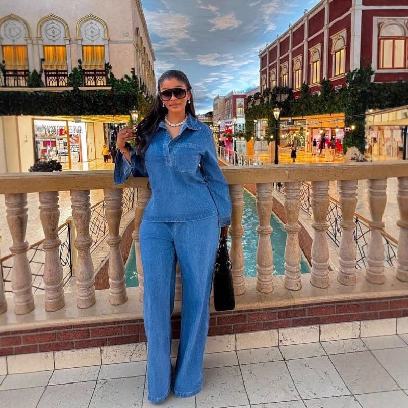 Women's Clothing Denim Suits Long Sleeved Lapel Pocket Tops Lace Up Straight Trousers Two Piece Suits
