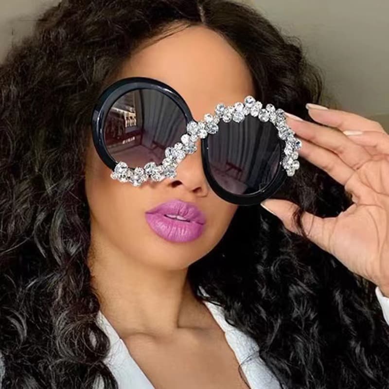 Large Round Frame Sunglasses With Diamonds S Asymmetric Ink European And American Exaggerated Personality Women's Sunshade Sunscreen Sunglasses