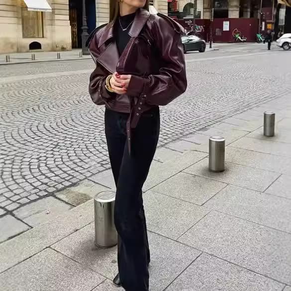Faux Leather Cropped Jacket With Lapel Collar - Streetwear Oversized Coat For Women & Men, Trendy Casual Outerwear