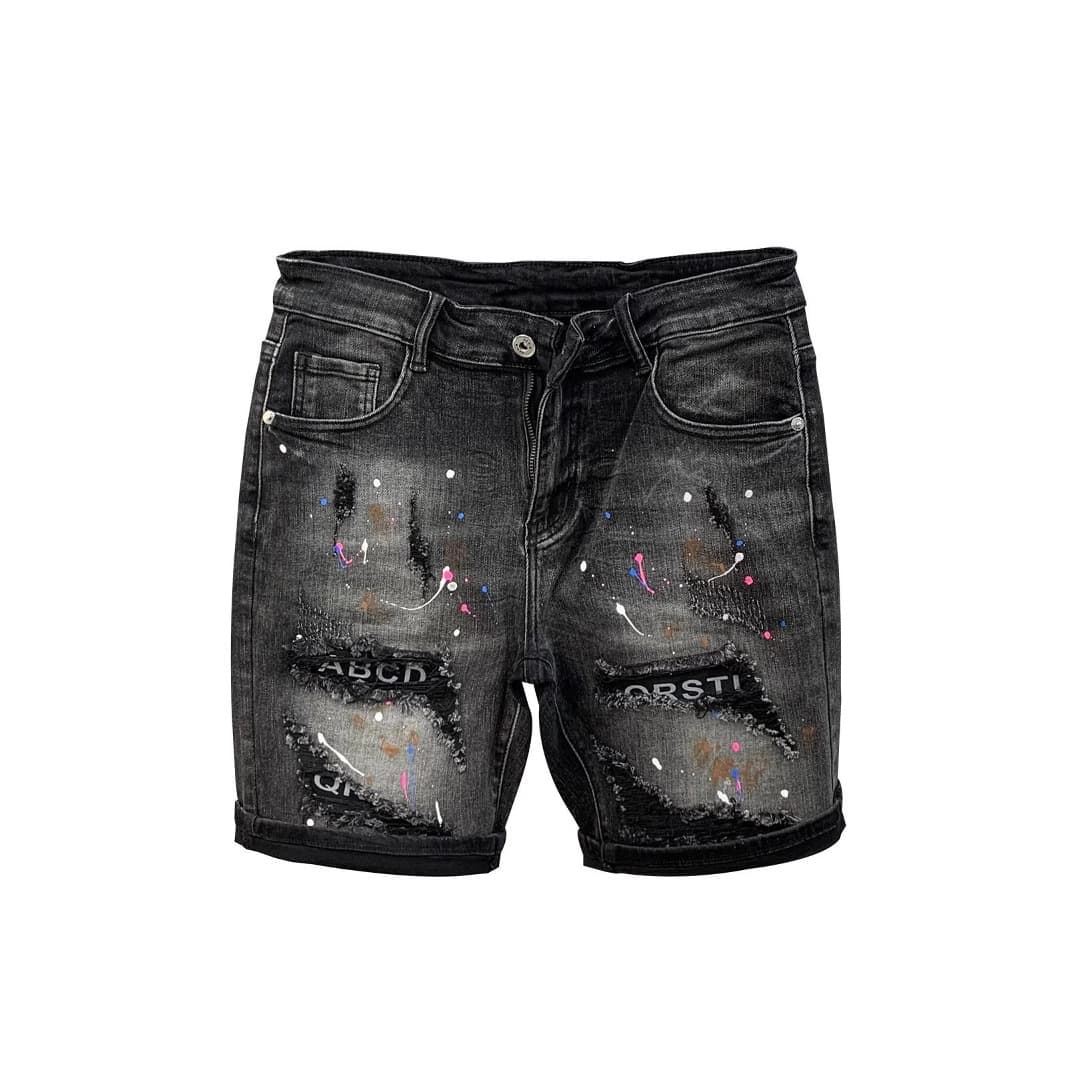 Men's Clothing Ins Trendy Big Hole Denim Shorts Summer New Style Personalized Patch Ink Splash High Street Slim Pants