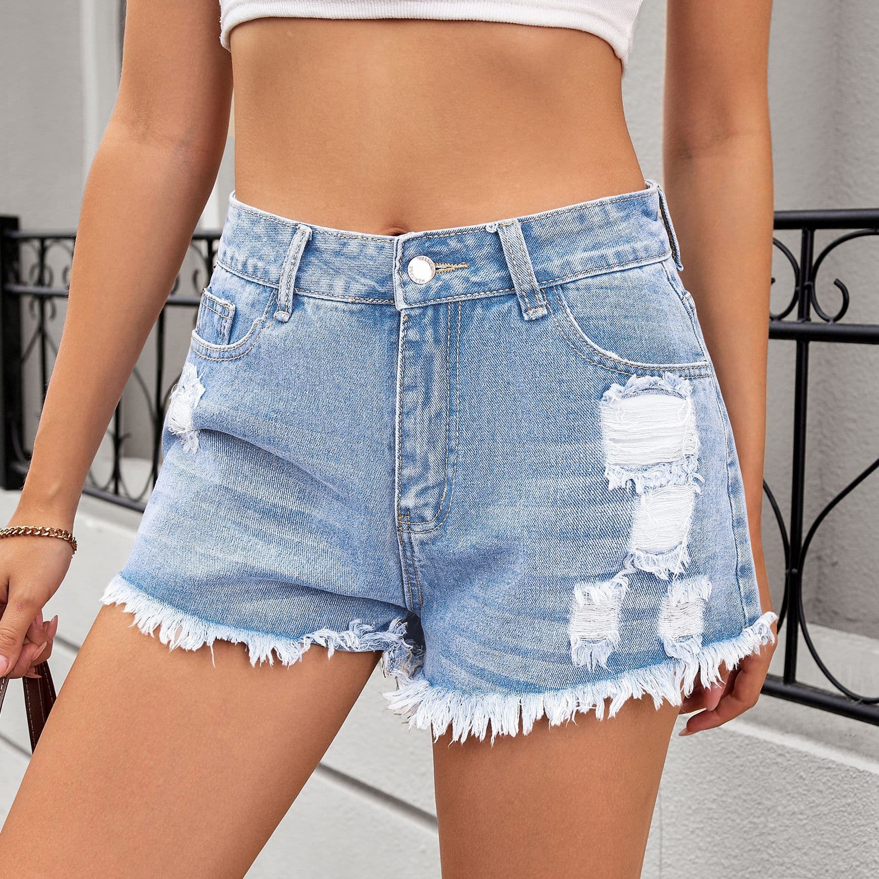 Women's Distressed Denim Shorts - Vintage Washed High Waist Ripped Hot Pants Trendy Casual Stretch Denim Shorts