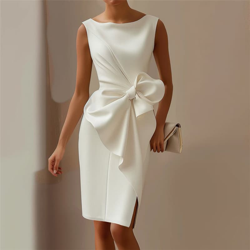 Women's Clothing New Women's Fashion Temperament Bow Dress High Waist Slim Solid Color Dress
