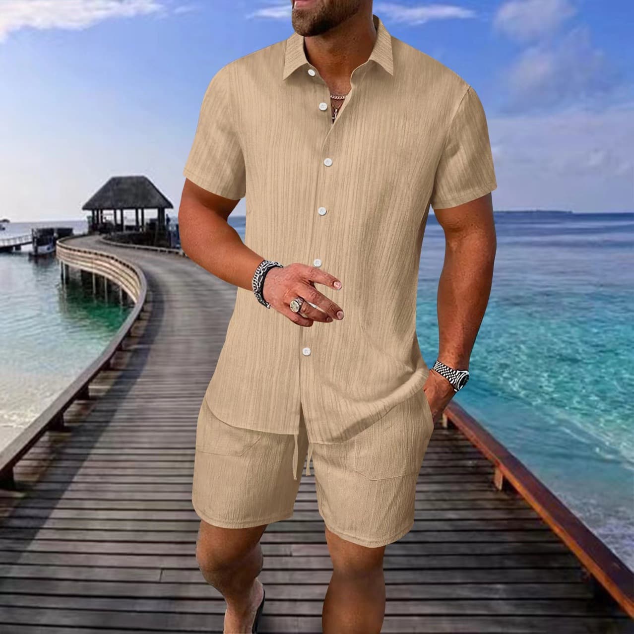 Men's Clothing Seaside Casual Fashion Shirt Lapel Short Sleeved Shirt Short Sleeved Suit