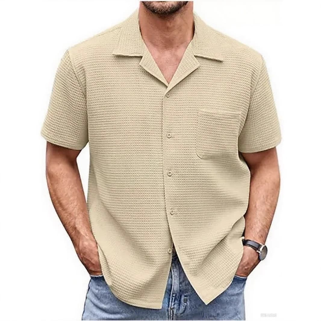New Products Men's Summer Suit Collar Solid Color Short Sleeved Waffle Men's Shirt