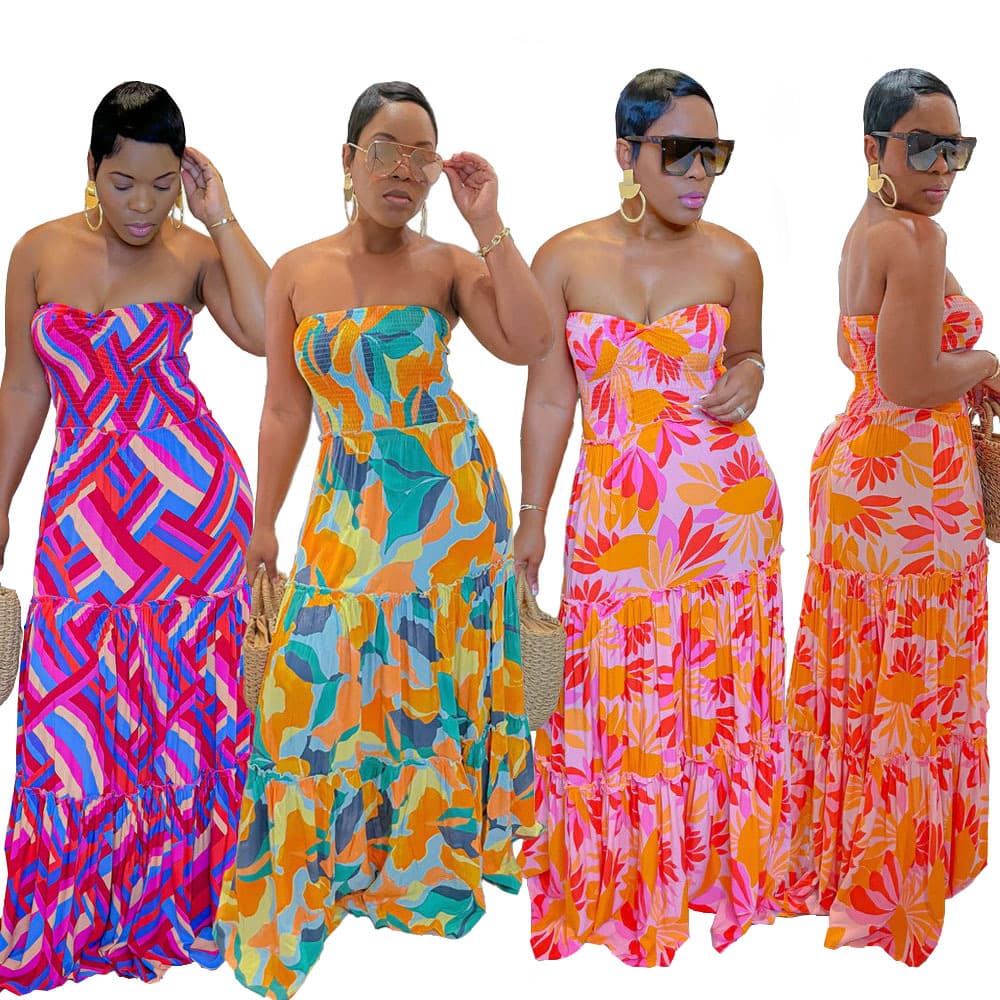 Women's Clothing new style printed skirt tube top dress three colors optional