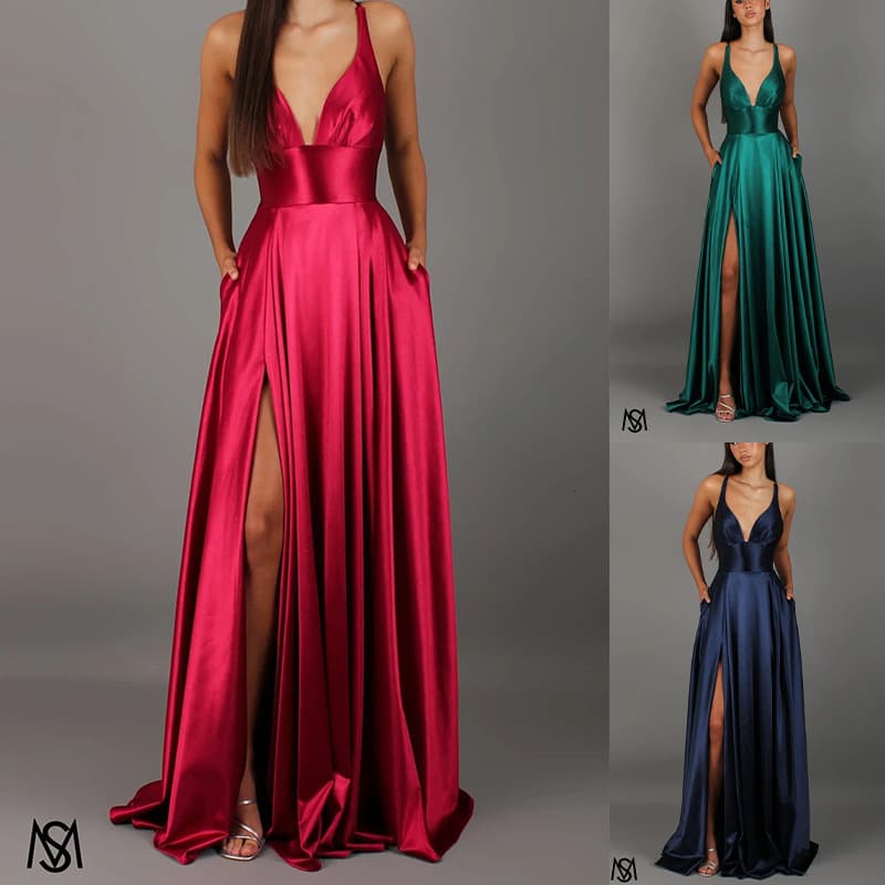 Sexy V-Neck Satin Slip Dress – Elegant Evening Gown With High Waist & Side Slit (S-XL, Polyester, Deep V-Cut, A-Line, Party & Cocktail Dress)