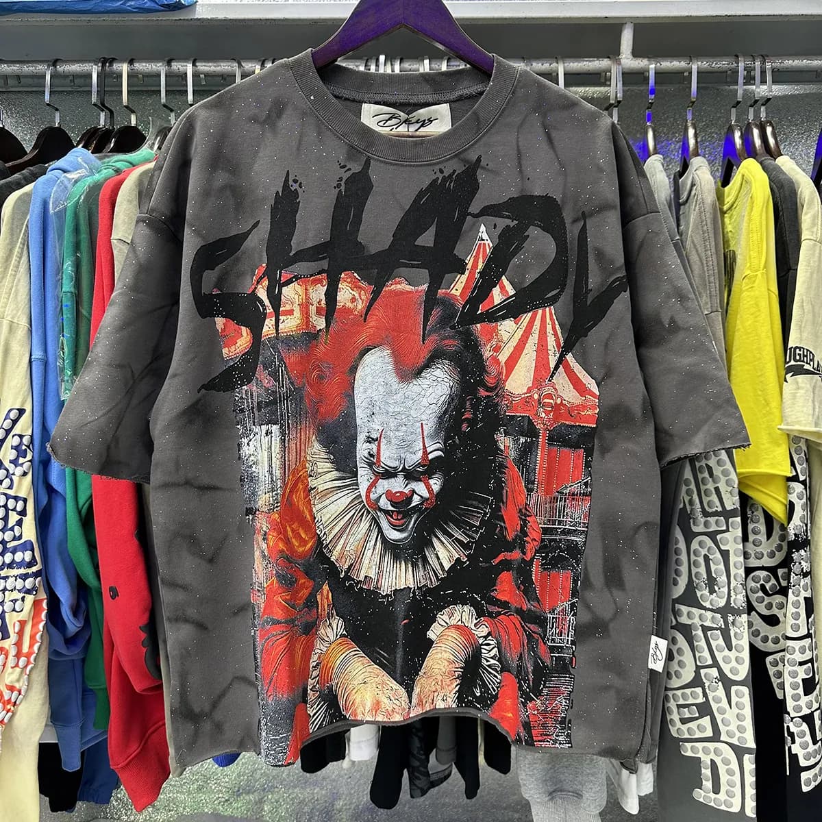 T-shirts pour hommes BKYS, imprimé losanges rétro graffiti squelette diable, coton noir délavé, manches courtes, coupe ample.