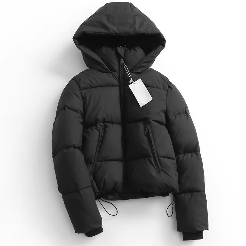 Women's Puffy Bomber Jacket With Hood - Winter Warm Cozy Oversized Cotton Coat In Black & Beige | XS/S/M/L