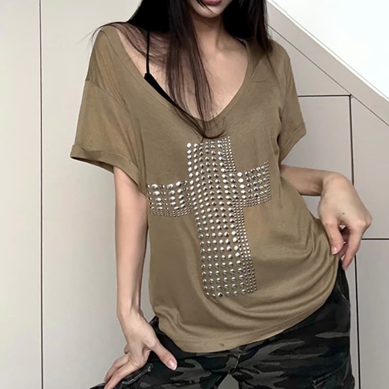 Women's Clothing Street Rock Cross Hot Copper V Neck Short Sleeved T Shirt Female Summer Leisure Loose Off Shoulder Hot Girl Top Trend