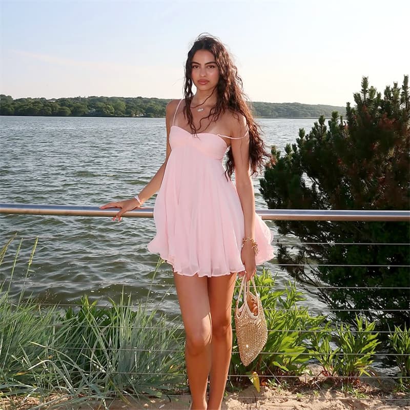 Women's Clothing Chiffon Spaghetti Strap Dress – Sexy & Elegant Off-Shoulder Mini Dress (Summer & Party Outfit)