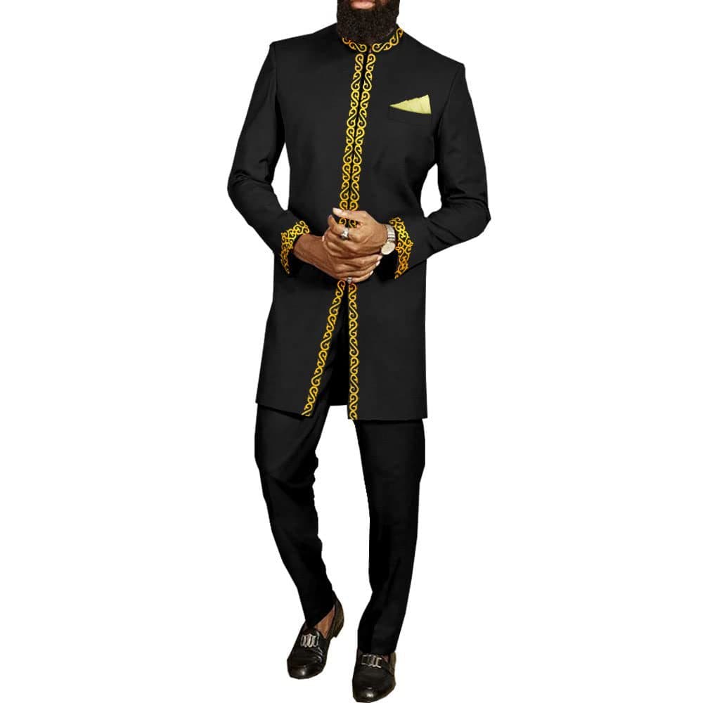 Costume noir africain décontracté brodé pour homme, manches longues, idéal pour les mariages et les banquets.
