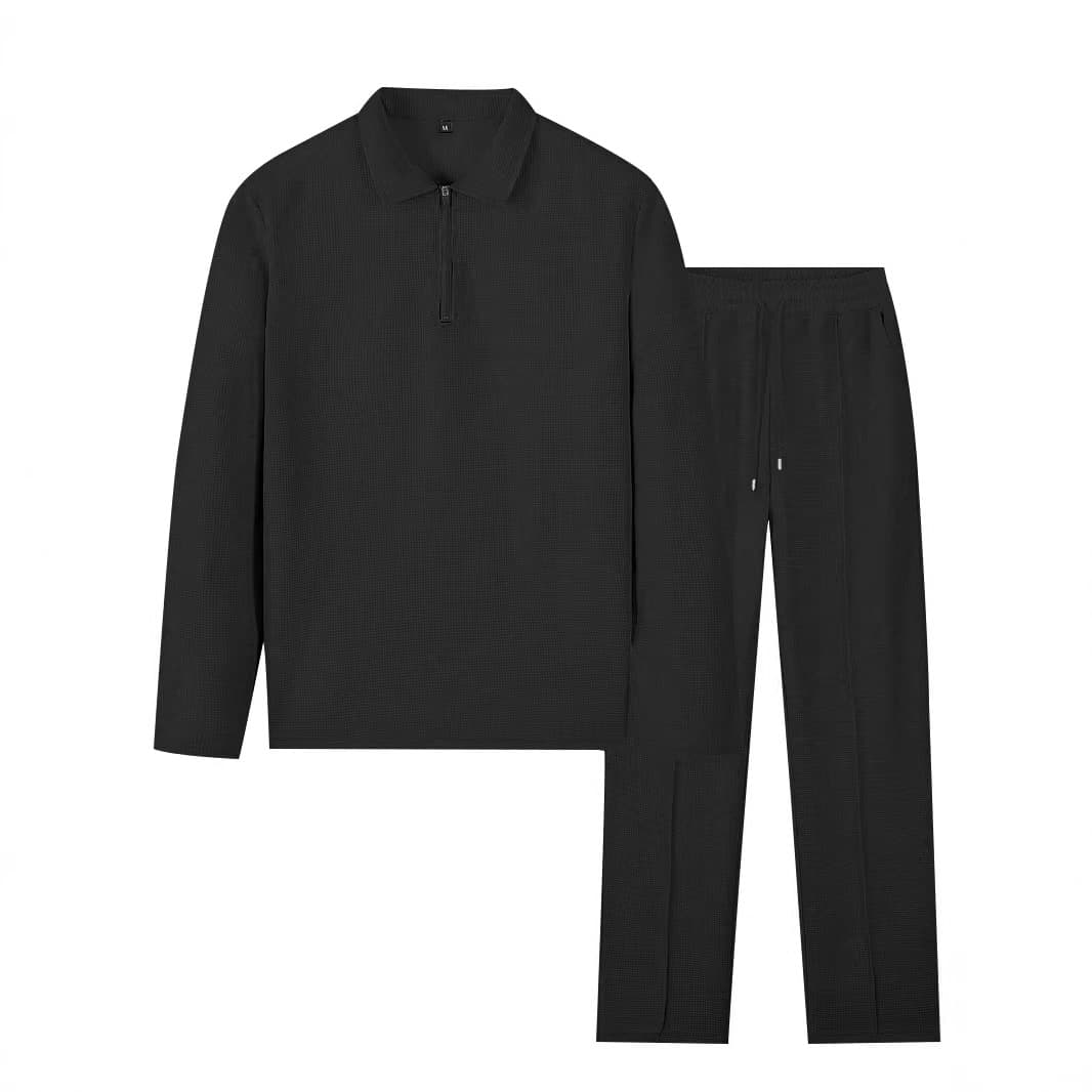 Men's Waffle Knit Zip-Up Tracksuit Set – Stylish Striped Long Sleeve Lounge & Streetwear Outfit