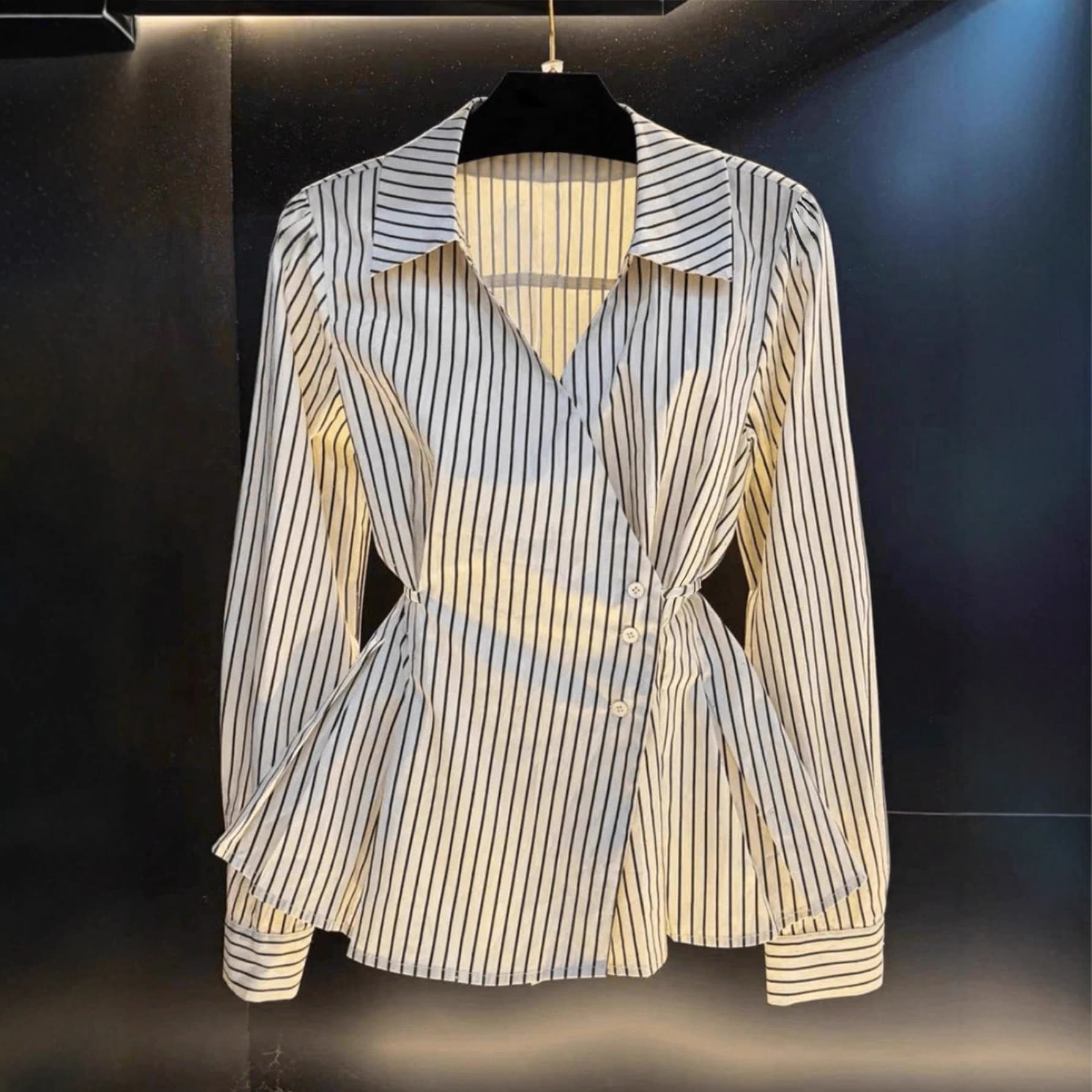Women's French-Inspired Striped V-Neck Shirt - Slimming Asymmetrical Waist Design, Long Sleeve Blouse, Elegant & Unique Top