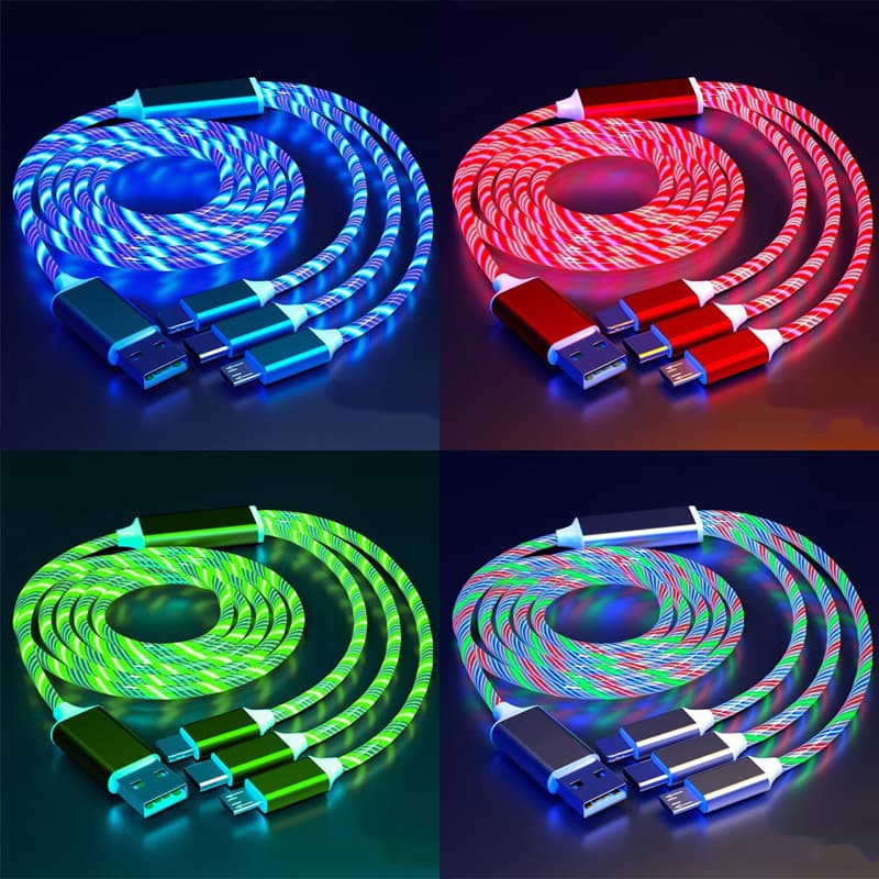 3 IN 1 Glowing LED Flowing Streamer Light Fast Charger USB Cable Luminous Type C Cable