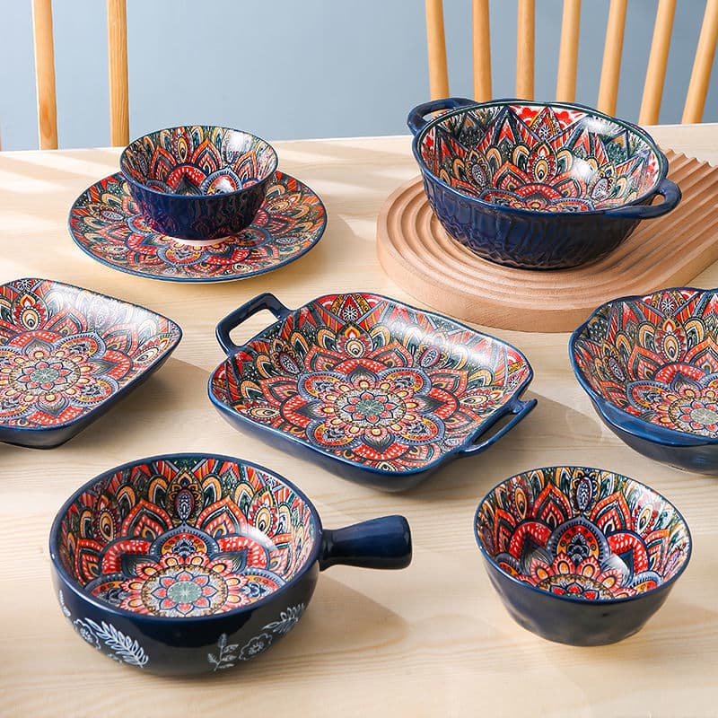 Bohemian Ceramic Dinnerware Set - Hand-Painted Stone Pattern Bowls & Plates, Vintage Blue Wave Design For Home Dining,