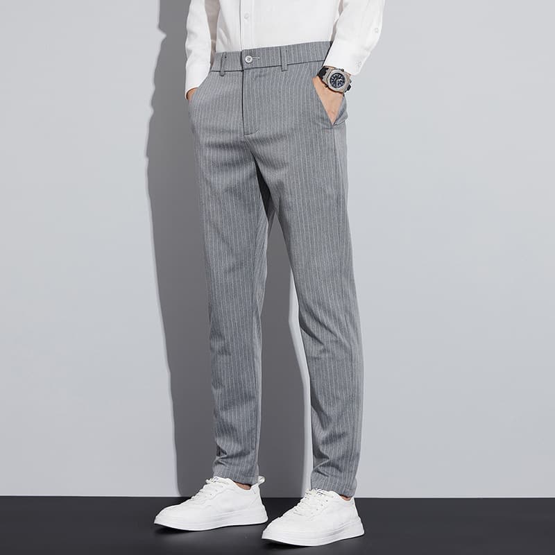 Men's Clothing Men's Slim Fit Stripe Dress Pants Casual Business Trousers Comfortable Polyester Straight Leg Pants For Office & Daily Wear (Black)