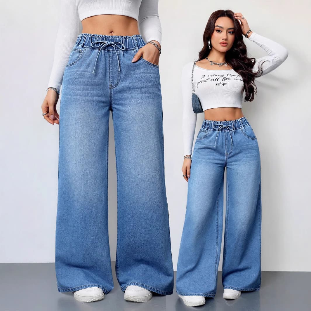High-Waisted Wide-Leg Jeans For Women - Stretch-Free Cotton Denim Pants With Adjustable Drawstring (S-XXL)