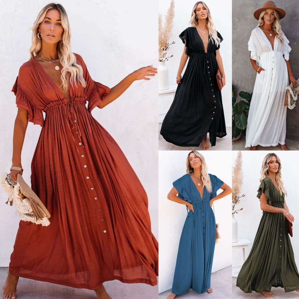 Women's Clothing Women's Beach Cover Up Long Sunscreen Cardigan Skirt Solid Color Holiday Seaside Dress