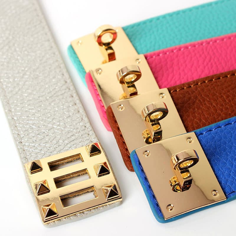 European and American alloy PU wide leather rotating buckle double row small rivet three section buckle bracelet