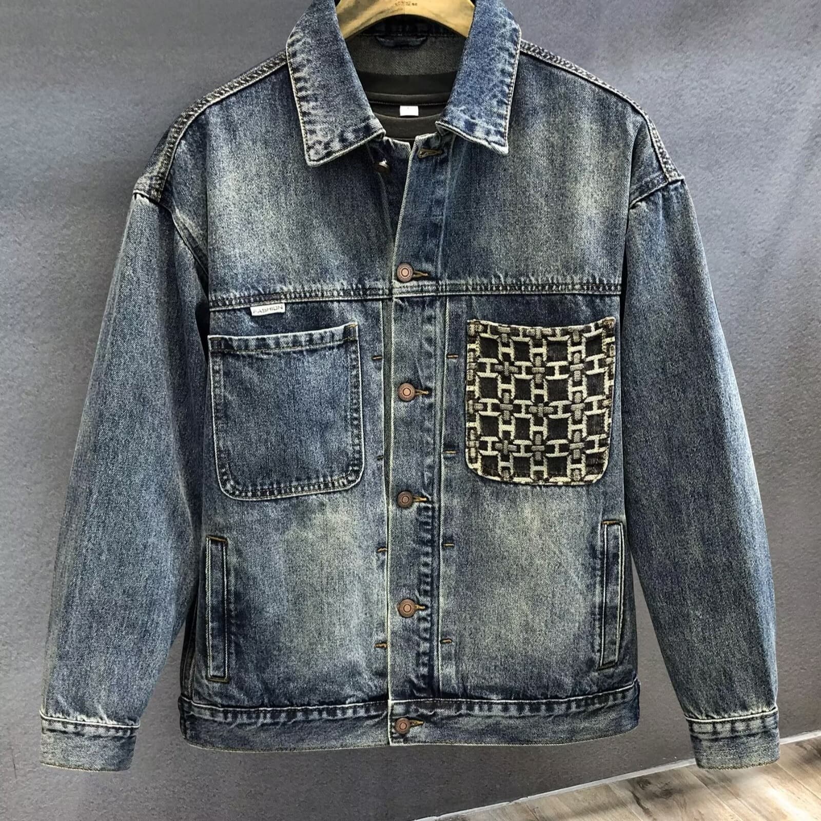 Men's Clothing Retro Heavy Embroidery Pocket Washed Denim Jacket Workwear Jacket Men