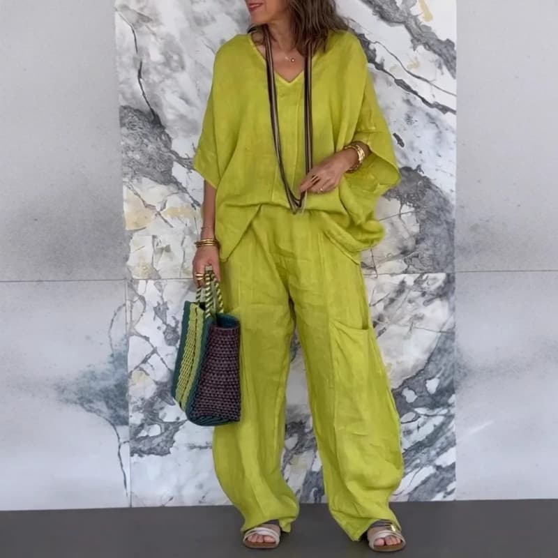 Women's Clothing Casual V Neck Loose Pocket Sleeve Cotton And Linen Suit