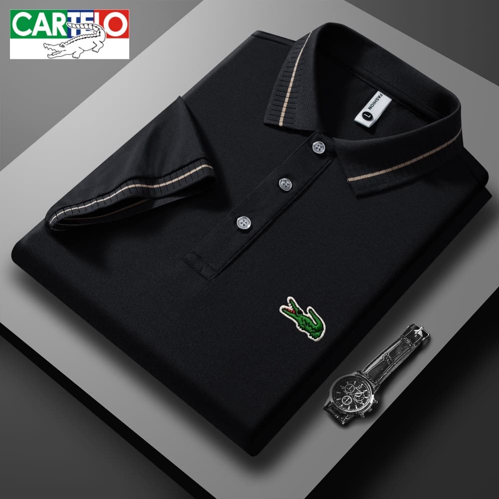 CARTELO Crocodile Men's Short Sleeve Business Casual Polo Shirt - Black Pique Cotton, Breathable & Wrinkle-Resistant, Gold Striped Tape Trim, Green Cr