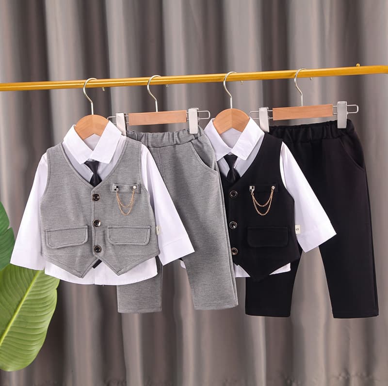 Bestseller Children's Clothing, Stylish Tie, Suit Three-piece Set For Boys, Chain Vest, Long-sleeved Top, And Long Pants ALYCExiyuebaobao