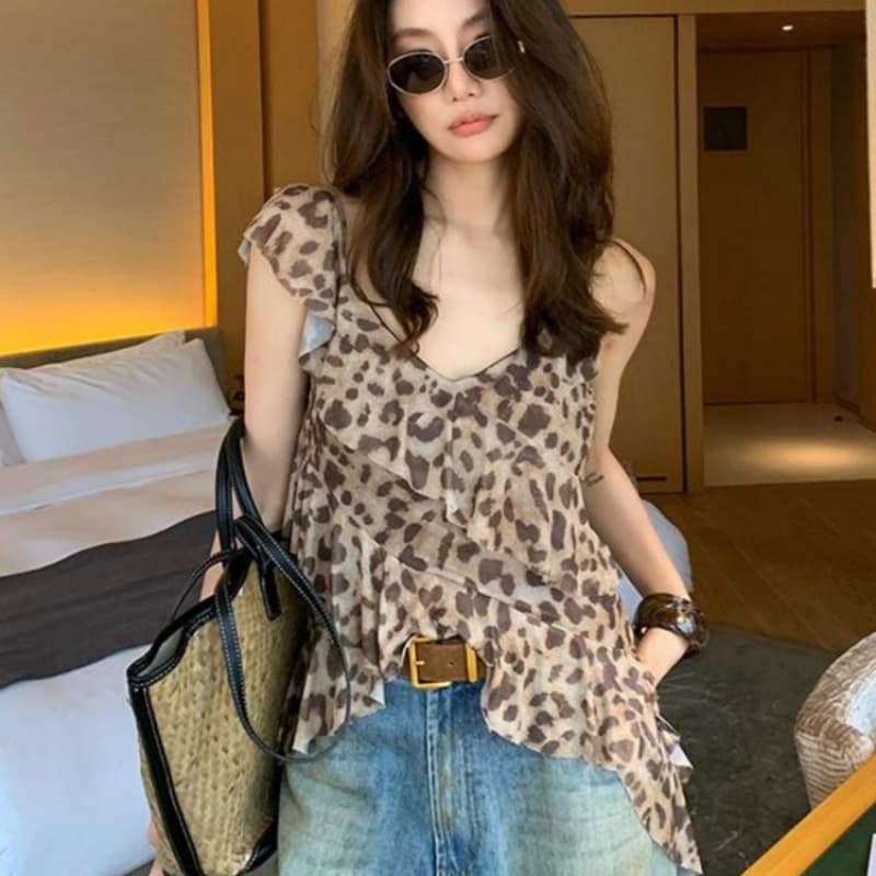 Trendy Leopard Print Irregular Neckline Tank For Women Summer New Design Loose Stylish Top
