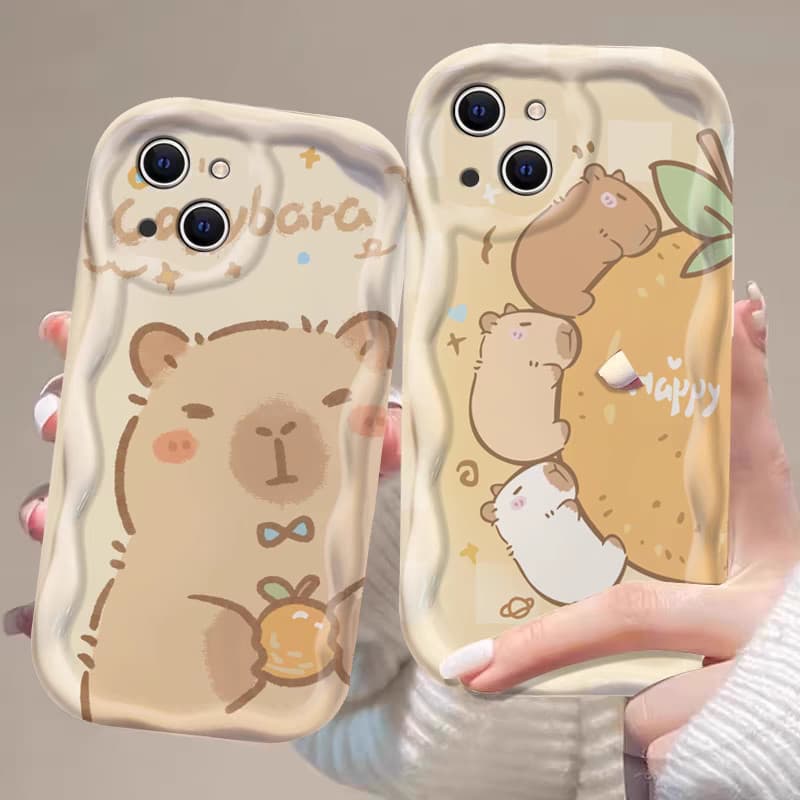 for 3D wave phone case Compatible for iPhone 16 15 14 13 12 11 PRO MAX XR XS X 8 7 6 6S PLUS quakeproof Cute anime orange capybara phone case GNCNY