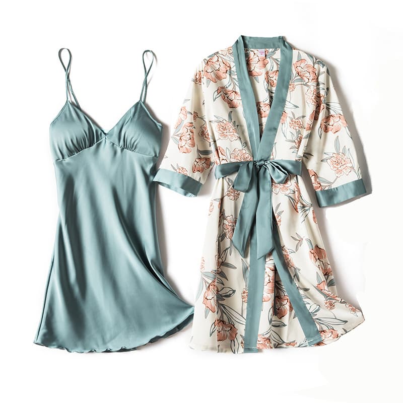 Feminine Silk Pajamas Two-piece Suspender Long Sleeve Nightgown Thin Silk Printed Home Clothes with Breast Pad