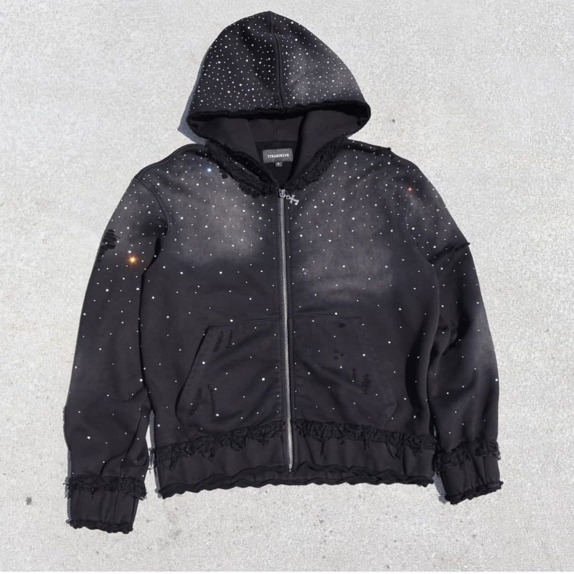 Men's Hip-Hop Hooded Zip-Up Sweatshirt – Starry Rhinestone Streetwear (XS-4XL, Oversized Fit, Cotton-Poly Blend, Black/Blue)