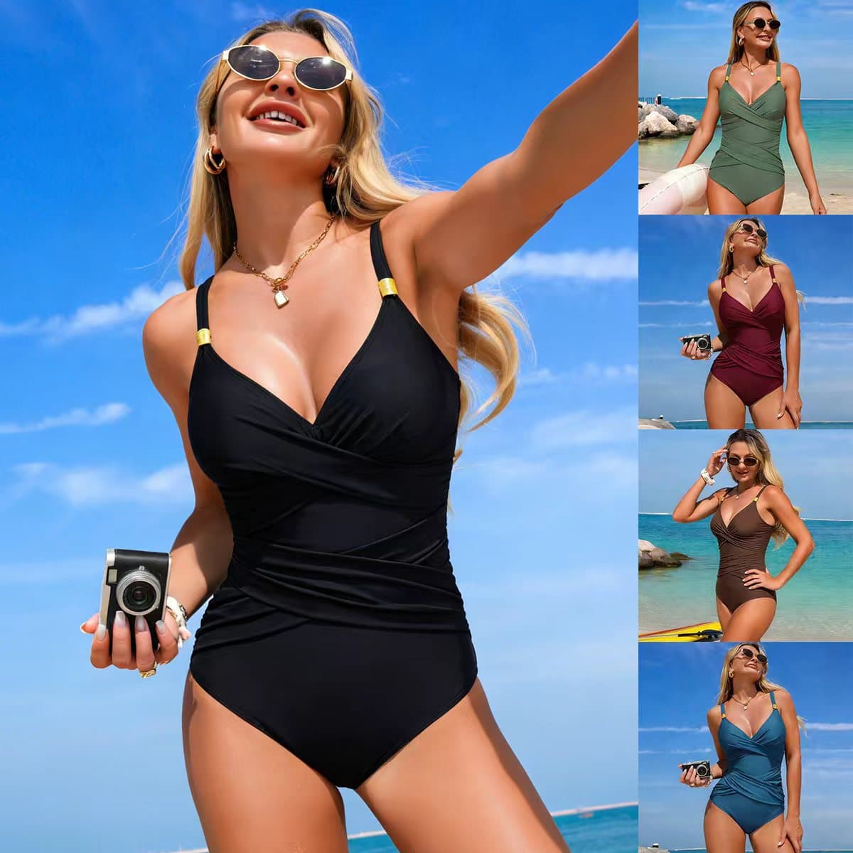Women's Clothing American Style One Piece Swimsuit For Women Solid Color Slim Fit Sexy Sporty Bikini Swimwear