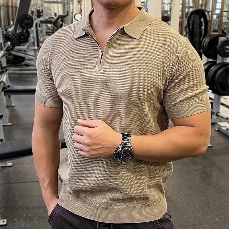 Men's Retro Knitted Short-Sleeved Polo Shirt Old Money Style Trendy Brand Off-Shoulder Zip-Up Collar High-End T-Shirt