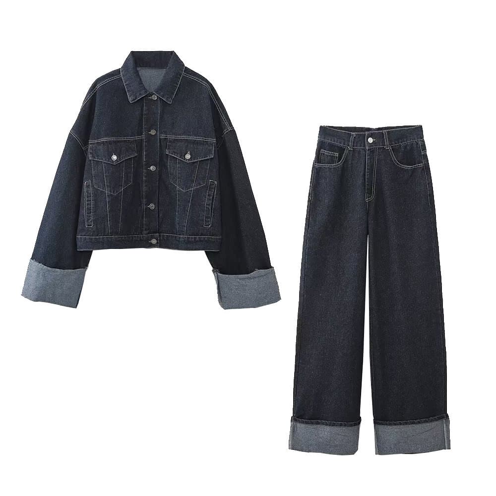 Vintage Denim Jacket & Flared Pants Set For Women – Distressed Button-Up Coat With High-Waisted Wide-Leg Trousers