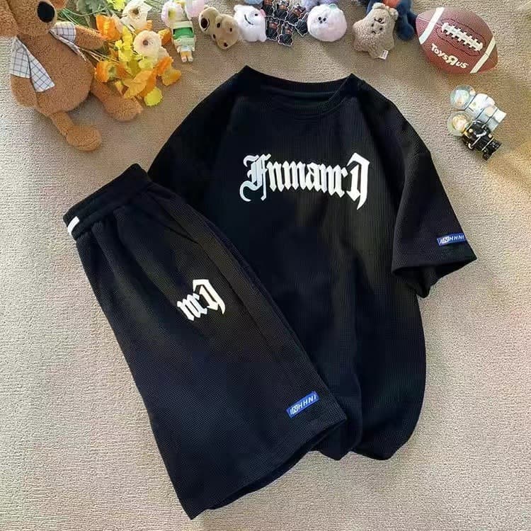 Men's Clothing waffle casual suit men's summer ice silk short-sleeved T-shirt men's clothing set with sports clothes wholesale