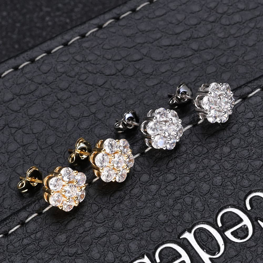 Women's Jewelry Hip Hop New Flower Full Diamond Personality Earrings Jewelry High End Zircon Men's Earrings