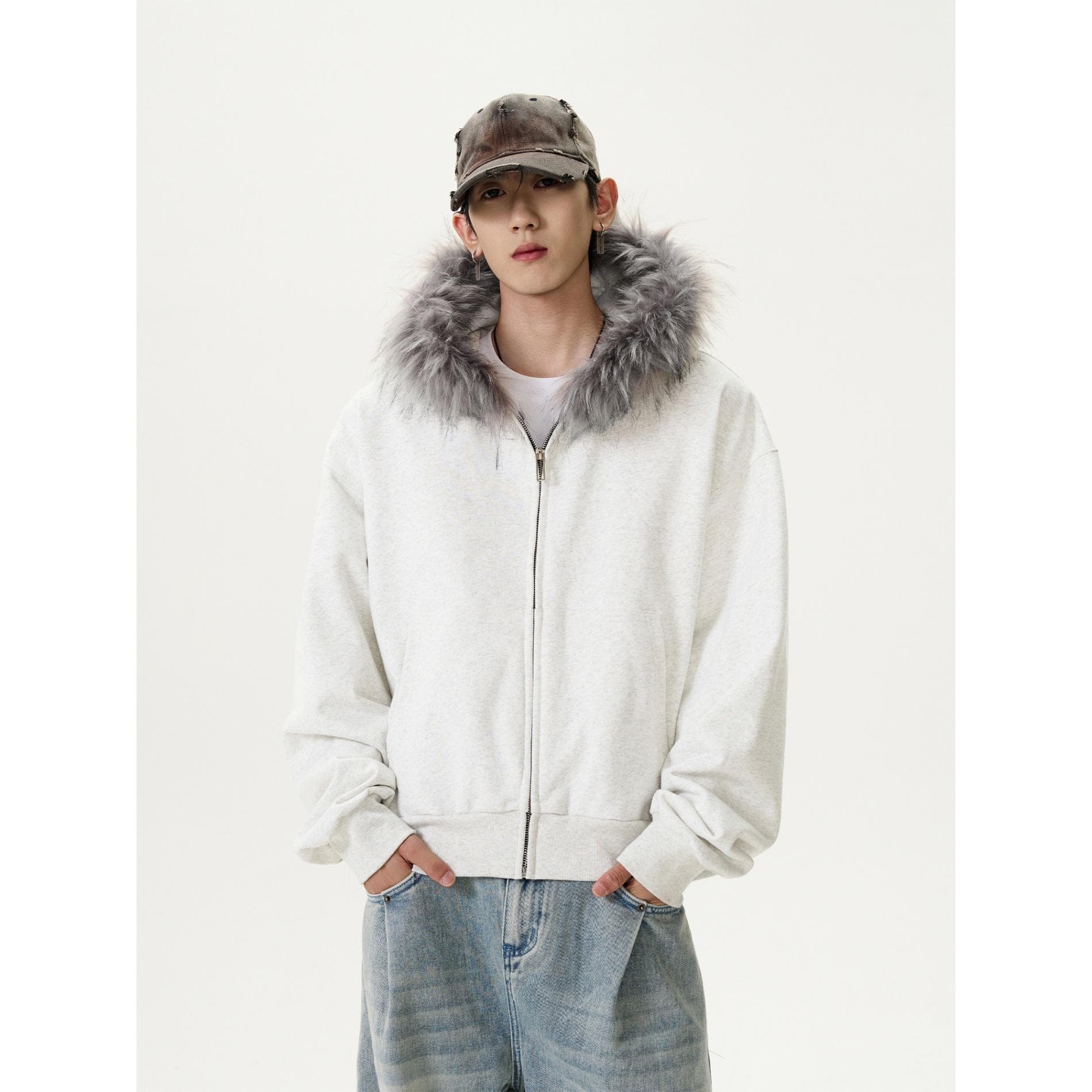 Men's Clothing American Retro Fur Collar Zipper Cardigan Hooded Sweatshirt Men And Women Short Cleanfit Solid Color Jacket