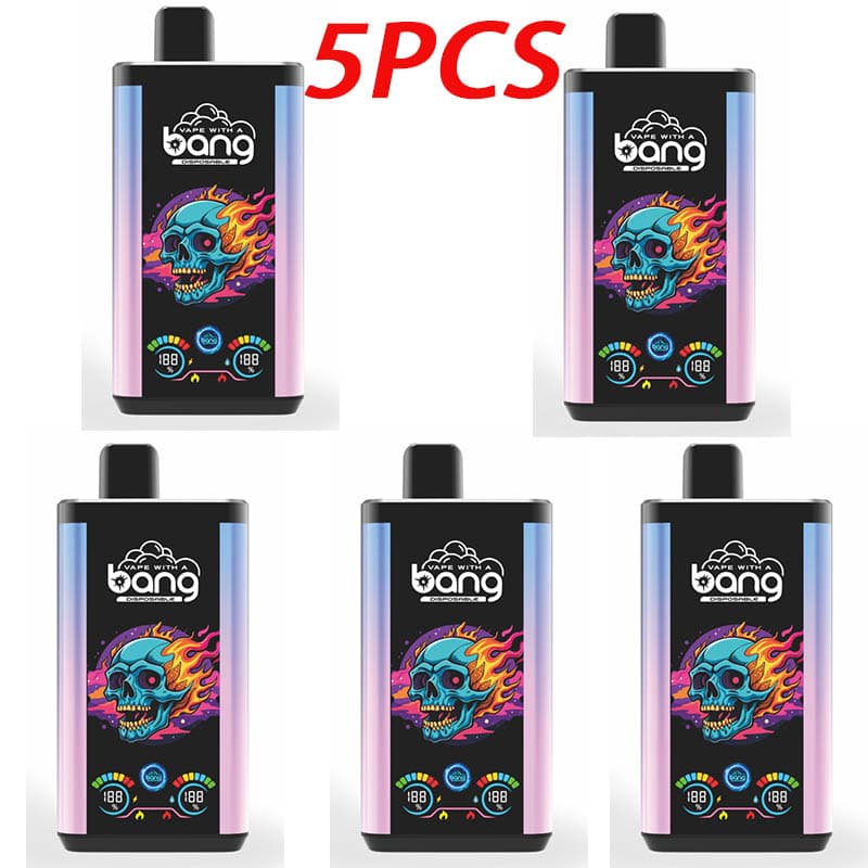 Lot de 5 vapes jetables Bang Pro 30 KPuffs, 36 ml, pré-remplies, écran de type C, coulissantes à gauche et à droite, saveur de fruits.