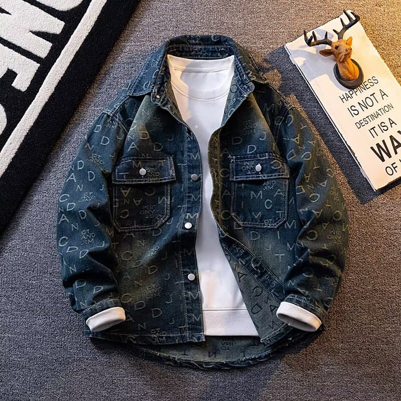 Vintage Distressed Denim Jacket – High Street Oversized Fit With All-Over Letter Print, Unisex Streetwear Essential