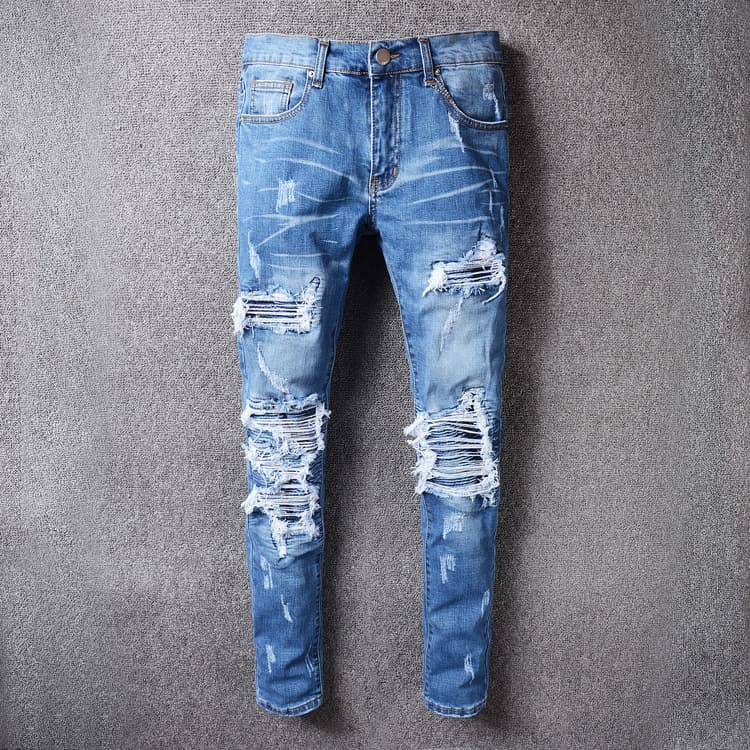 Men's Clothing High Street Fashion Ripped Men's Jeans Blue Patchwork Street Trend Elastic Slim Fit Hip Hop Men's Trendy Pants