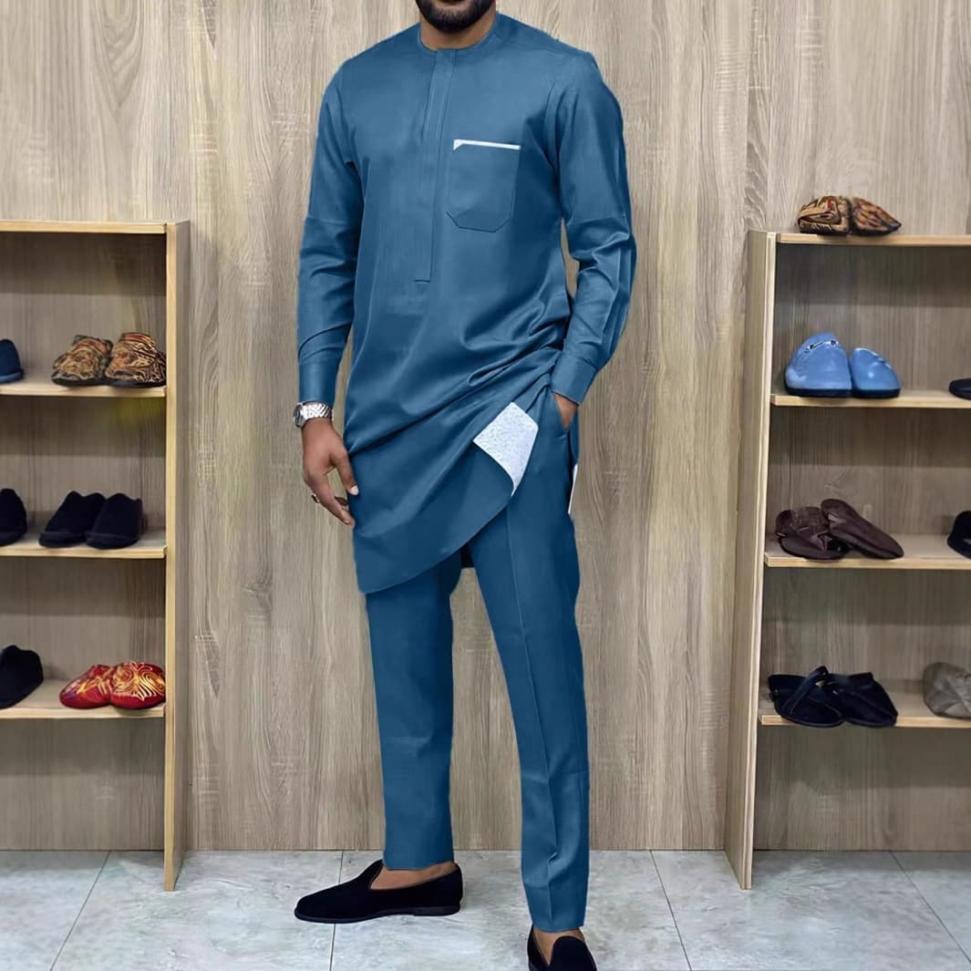 Men's Clothing New Style Affordable Men's Suit Men's Two Piece Suit Solid Color Round Neck African Ethnic Style