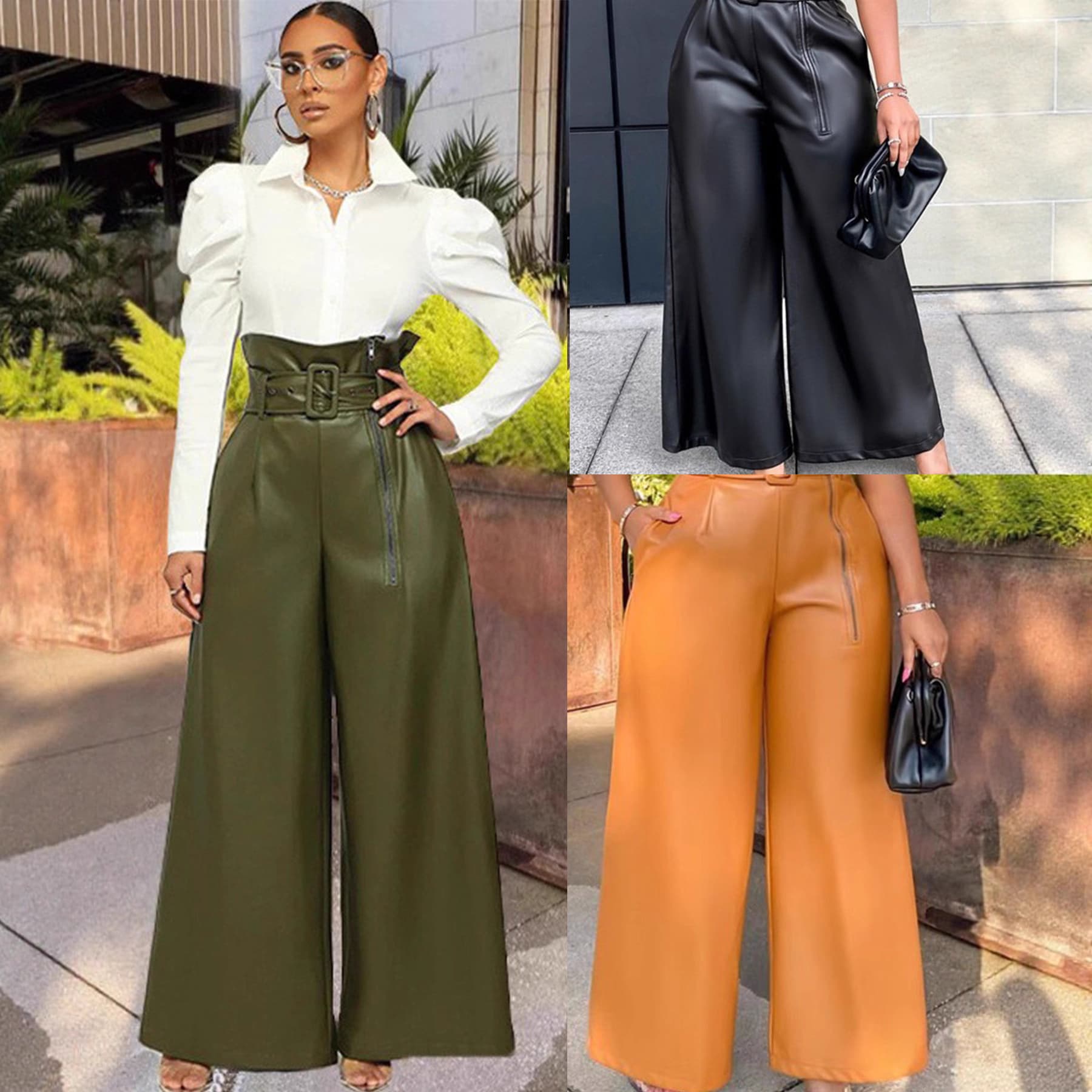 High-Waisted PU Leather Wide-Leg Pants – Metallic Belt Detail For Nightlife & Streetwear (Black/Yellow/Olive, S-XXL)